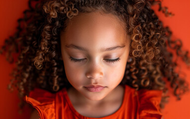 Poster - A young girl with curly hair is looking at the camera. She is wearing an orange shirt and has her eyes closed. The image has a warm and friendly mood, as the girl appears to be relaxed