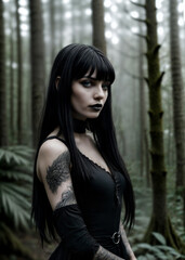 Wall Mural - Gothic girl with tattoo and long black hair standing in the woods