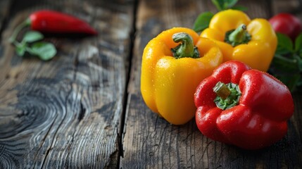 Wall Mural - A beautiful photo of vibrant red and yellow bell peppers on a wooden table..