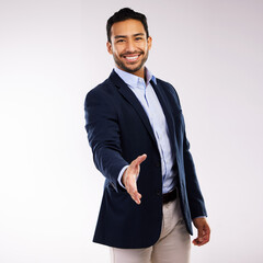 Aufkleber - Portrait, smile and business man with handshake in studio for agreement, interview or welcome on white background. Professional, corporate and Asian person for greeting, thank you or job opportunity