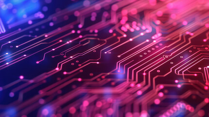Poster - Macro close-up of a vibrant red and blue circuit board with intricate details and glowing lines, representing advanced technology and digital innovation.
