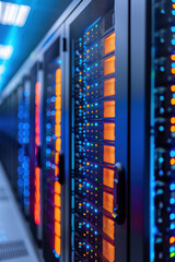 Poster - Close-up of illuminated server racks in a data center showcasing modern technology and high-speed internet infrastructure.