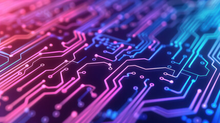 Poster - Abstract close-up of a multi-colored circuit board, showcasing glowing lines and intricate electronic paths in a high-tech, futuristic design.