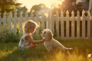 Wall Mural - Child playing with dog in backyard during sunset, creating a warm and joyful moment for this carefree afternoon playing concept