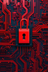 Aufkleber - Red lock symbol on red circuit board background, representing data security, technology protection, and cybersecurity concepts.