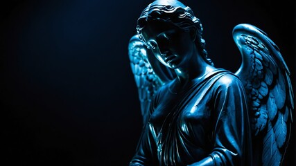 Wall Mural - bust statue of angel with blue dramatic lighting on plain dark black background