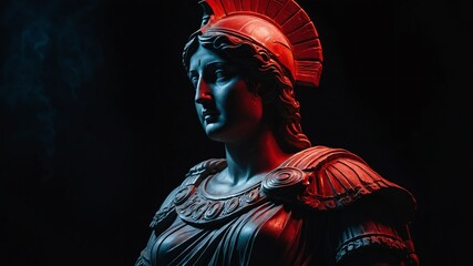 Wall Mural - bust statue of athena with red dramatic lighting on plain dark black background