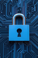 Poster - Blue padlock on a circuit board, symbolizing cybersecurity and data protection. Represents internet security, technology safety, and information encryption.