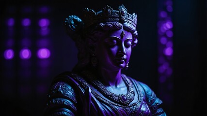 Wall Mural - bust statue of empress with purple dramatic lighting on plain dark black background