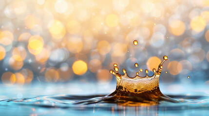 Poster - golden droplet splashes in tranquil water with vibrant bokeh background, creating a mesmerizing and 