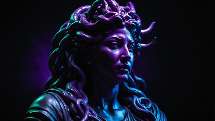 Wall Mural - bust statue of medusa with purple dramatic lighting on plain dark black background