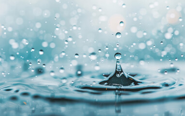 Poster - A close-up of a water droplet creating a splash and ripples in the water, with a soft, bokeh background in various shades of blue.