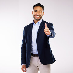 Aufkleber - Portrait, business man and thumbs up in studio for agreement, feedback or approval on white background. Professional, corporate and employee with hand gesture for thank you, good job or support