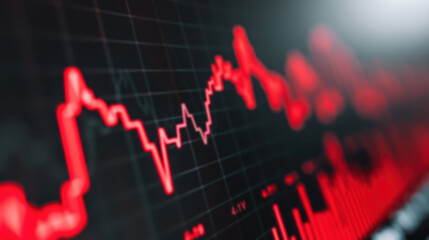 Poster - Close-up view of a stock market chart in red, displaying fluctuating financial data and market trends against a dark background.