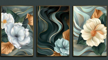 Canvas Print - Set of Three Aesthetic Wallpaper Canvases to Enhance Wall Art Decoration - Three abstract floral paintings featuring vibrant flowers, leaves, and gold accents on a green and blue background