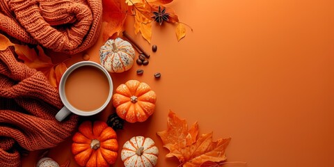 Celebrate the fall season with a cozy arrangement featuring a latte art coffee, mini pumpkins, autumn leaves, and a happy fallidays greeting on an orange background.