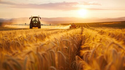 Canvas Print - Sunset Over a Wheat Field with a Tractor Spraying