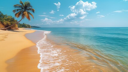 Wall Mural - Sunny Tropical Beach with Palm Trees, Blue Ocean Waves, and Clear Sky.