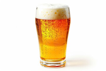 Tulip pint glass of fresh delicious golden-colored beer with cap of foam isolated on white background - generative ai