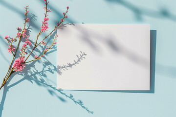Poster - Aesthetically pleasing blank greeting card set against a light blue background with white floral accents, ready for customization