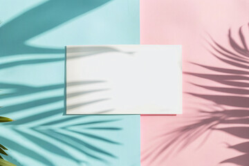 Poster - Aesthetic and minimalist blank card on a split pink and light blue background, perfect for custom messages