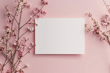 Poster - Minimalist blank greeting card on a soft pink backdrop adorned with white blossoms, perfect for custom notes
