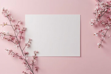 Poster - Clean and stylish blank greeting card with white blossoms on a soft pink background, great for personal messages