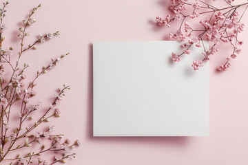 Poster - Aesthetically pleasing blank greeting card set against a soft pink background with white floral accents, ready for customization content