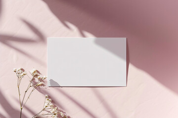 Poster - Aesthetic blank greeting card with white blossoms on a soft pink backdrop, ideal for customizable text