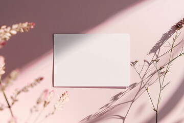 Poster - Sleek and minimalist blank greeting card on a soft pink background with white blossoms, perfect for tailored messages