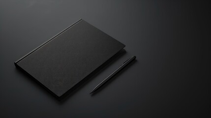 Black notebook mockup isolated on dark background horizontal design