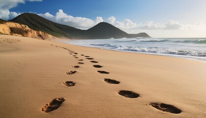 Poster - aesthetic beach background with footprints in sand copy space porto santo