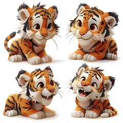 Poster - 3D tiger set illustration in white background isolated