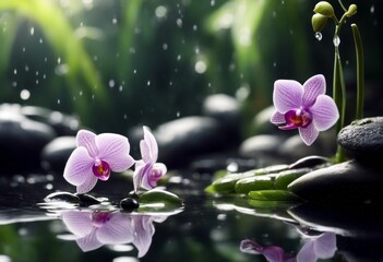 in pond zen water meditation relax orchid flower nature droplet green fresh beauty