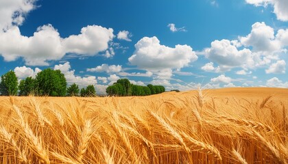 Wall Mural - beautiful summer landscape showing wheat fields with blue sky and white clouds on a sunny day