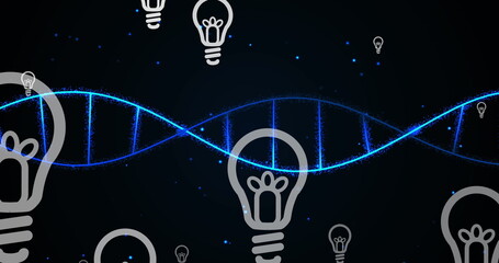 Sticker - Image of multiple bulb icons floating over spinning dna structure against black background