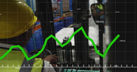 Poster - Image of data processing over rear view of biracial male worker operating forklift at warehouse