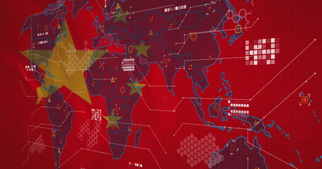 Sticker - Image of world map and data processing against waving china flag background