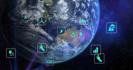Poster - Image of digital eco icons processing over globe