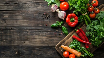 Poster - Top view of assortment of fresh vegetables on wooden board with space for text