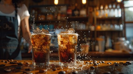 Sticker - Two glasses of iced coffee with splashes of water in a bar