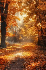 Poster - Autumnal Forest Path with Golden Sunlight