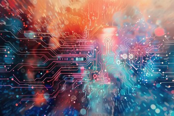 Poster - A computer circuit board with colorful lights in the background