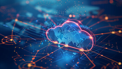 A digital cloud icon connected to multiple world maps, symbolizing global network and connectivity in the AI era