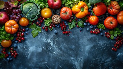 Wall Mural - Fresh Fruits and Vegetables on a Blue Background