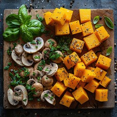 Wall Mural - Mushrooms and Cubes of Yellow Sweet Potato