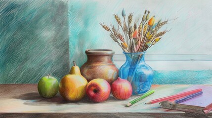 Canvas Print - Colored pencil still life on wooden tabletop