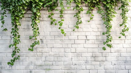 Canvas Print - Wall made of white painted brick with vines popular in English or vintage style