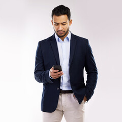 Poster - Businessman, phone and online in studio, networking and browse on app or white background for work. Male person, job hunting and website for career opportunity, planning and internet for research