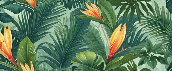 Poster - Watercolor pattern wallpaper with orange flowers and tropical leaves